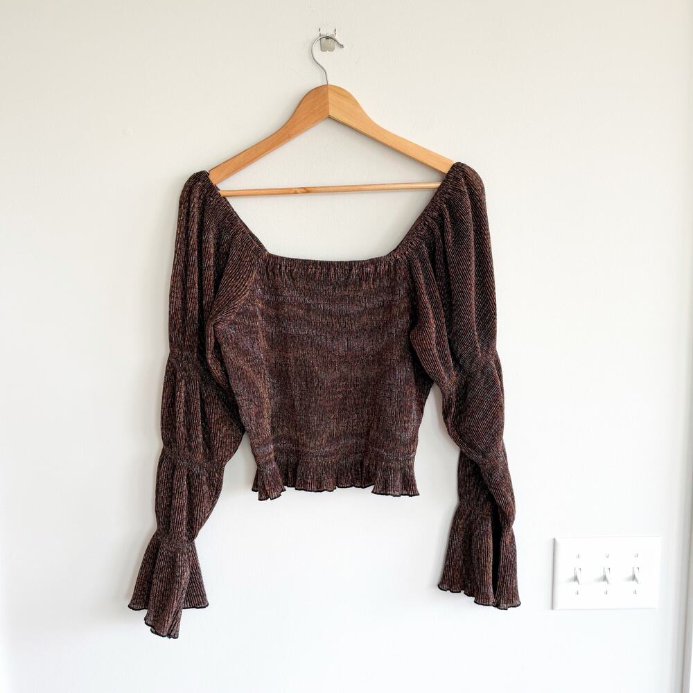 Anthropologie Bishop Smocked Metallic Shimmer Bell Sleeve Cropped Blouse Brown M